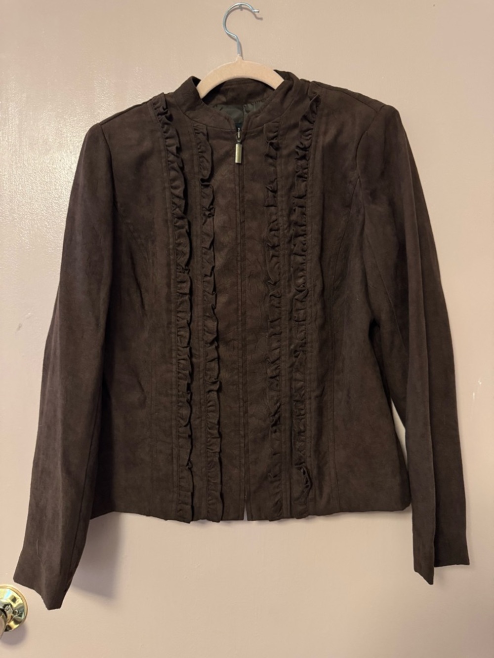 Ruffle-Trim Brown Suede Zip-Front Leather Jacket